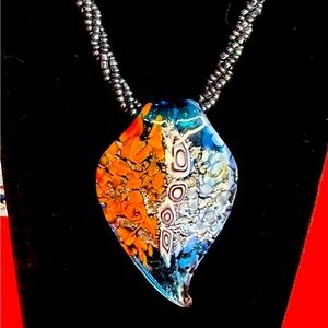 Artisan Glass Pendant Necklace - Blue and Orange